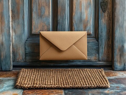kraft paper envelope tucked at a weathered blue wooden doorstep above a woven jute doormat, rustic tiled floor, quiet anticipation and cozy welcome