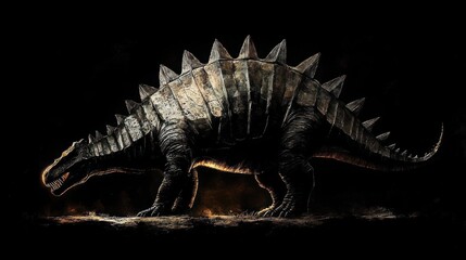 Massive spiked armored dinosaur in side profile, heavy plated back and long tail, walking across a dark landscape with glowing underbelly and fierce open jaws, ominous mood