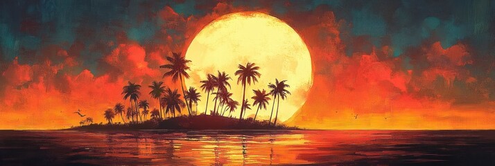 silhouetted palm trees on a small tropical island at sunset with an enormous glowing sun, fiery orange sky, calm reflective sea and distant birds, serene and dramatic
