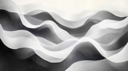 monochrome layered translucent waves and ribbons flowing in soft overlapping curves, serene minimalist abstract landscape