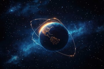 Glowing Earth with illuminated continents and orbiting light trails against a star-filled cosmic backdrop, evoking wonder and global connection