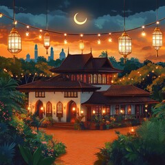 warm lantern-lit tropical villa at dusk with tiled roofs, hanging ornate lanterns and string lights, crescent moon above, lush garden and distant domed silhouettes, serene festive atmosphere