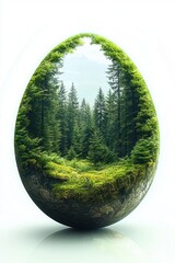 Egg-shaped terrarium cradling a miniature moss-covered evergreen forest with rocky soil and soft reflective light, evoking serenity, protection and quiet wonder