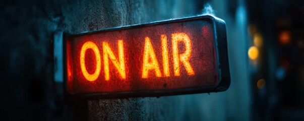 glowing vintage on air sign with warm orange light mounted on a textured wall, moody blue background and bokeh lights evoking anticipation and suspense
