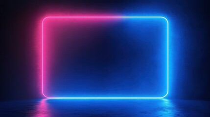 Glowing neon rounded rectangle frame in pink and blue against a dark textured wall with reflective floor, futuristic moody atmosphere