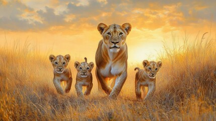 lioness charging forward with three playful cubs through sunlit golden grass, determined protective maternal energy beneath a warm dramatic sky