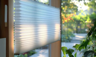 sunlit white pleated window blind in wooden frame with green houseplant and blurred garden outside, warm morning glow and peaceful calm atmosphere