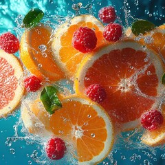 Refreshing vibrant splash of orange slices and raspberries with green leaves and water droplets against a turquoise background