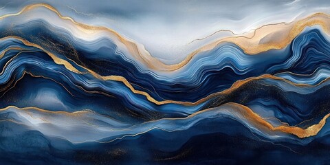 flowing layered navy and sky blue marble waves with metallic gold veins and soft white highlights evoking calm and luxury