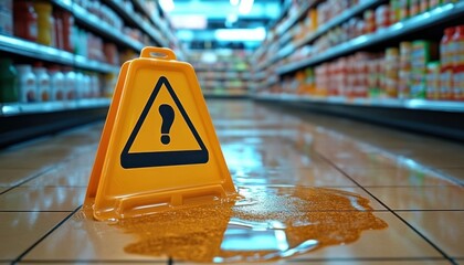 Yellow caution sign beside a liquid puddle on glossy tiled supermarket aisle with blurred grocery shelves, conveying an alert, tense and slippery hazard