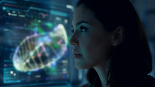 Scientist Studies DNA Patterns on a Digital Screen in a Lab While Wearing a Professional Outfit During Evening Hours