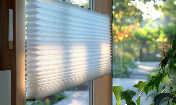 sunlit white pleated window blind in wooden frame with green houseplant and blurred garden outside, warm morning glow and peaceful calm atmosphere