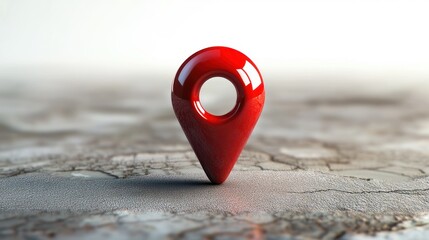 Glossy red location marker standing alone on cracked dry earth with soft blurred background, reflecting light and evoking solitude, focus and pinpoint precision