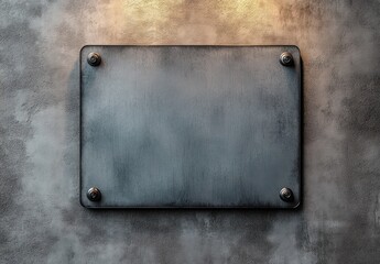 worn rectangular metal plaque bolted to textured concrete wall with warm overhead lighting, industrial and austere mood