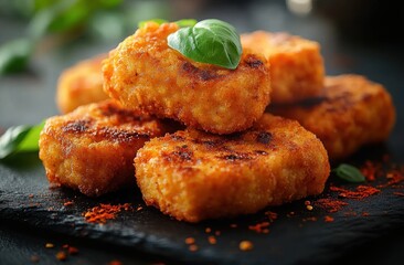 crispy golden breaded croquettes stacked on a dark slate board with fresh basil and paprika, appetizing and comforting snack