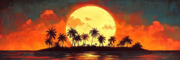 tropical island silhouette with palm trees at a dramatic fiery sunset, huge glowing sun over calm reflective ocean evoking peaceful awe