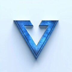 blue metallic three-dimensional V emblem with beveled edges casting a soft shadow on a pale background, sleek modern and futuristic