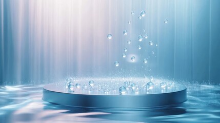 circular metallic platform on rippling water with floating droplets, sparkling particles and soft vertical light beams creating a serene futuristic atmosphere