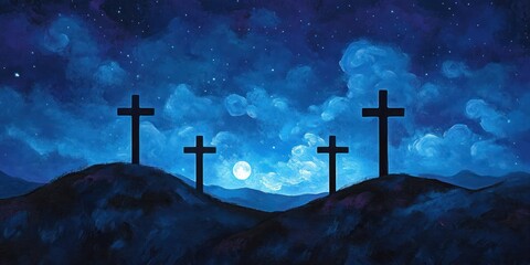 Four silhouetted crosses on rolling hills beneath a luminous full moon and swirling blue night sky of stars and clouds, serene and contemplative atmosphere