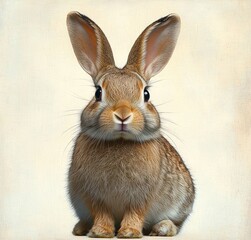 Portrait of a curious brown rabbit sitting upright with large ears, soft whiskered face and fluffy paws against a textured neutral background, calm and alert