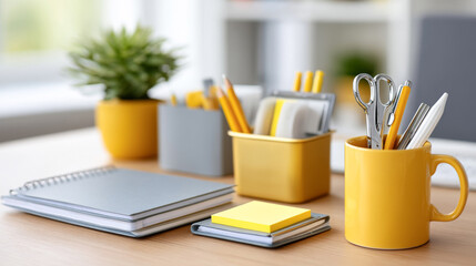 Modern office desk with organized stationery and business supplies for productivity enhancement