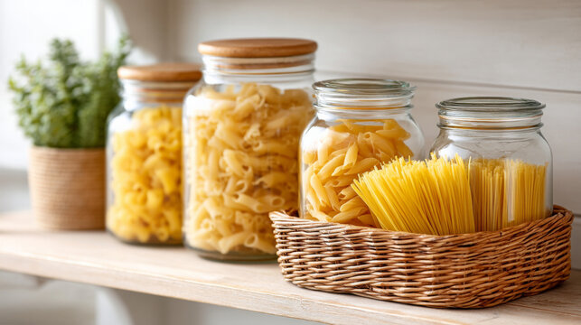 Organized pantry with glass jars for pasta storage in a kitchen setting - Powered by Adobe