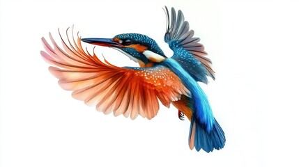 Fototapeta premium Vibrant kingfisher in mid-flight with outstretched wings, graceful motion and vivid blue and orange plumage on a clean white background