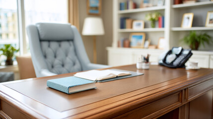 Elegant office interior with wooden desk and comfortable armchair in professional workspace