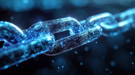 Close-up of glowing blue digital chain links with pixelated code texture, futuristic secure and connected mood