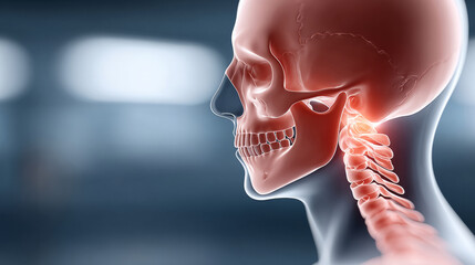 Futuristic digital implant interface in human skull and spine x-ray visualization for medical analysis and technology
