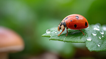 Fototapeta premium Ladybug on dewy mushroom cap in morning light nature scene