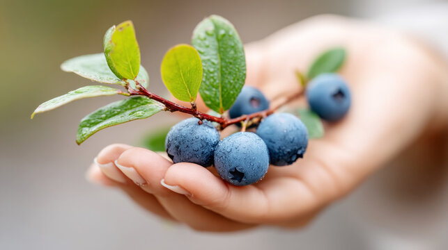 Harvesting fresh blueberries: hand holding branch with ripe forest berries - Powered by Adobe