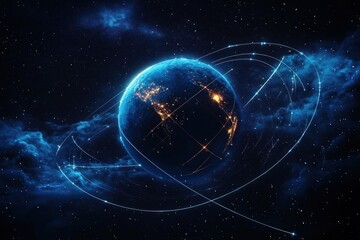 Obraz premium glowing blue planet with illuminated city lights and sweeping orbital light trails surrounded by stars and nebula clouds, evoking awe and futuristic wonder