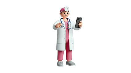 3D Cartoon Doctor Holding Smartphone