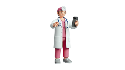 3D Cartoon Doctor Holding Smartphone