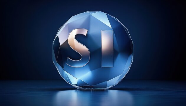 faceted crystal orb with engraved si letters on reflective surface, cool blue studio lighting conveying sleek futuristic elegance