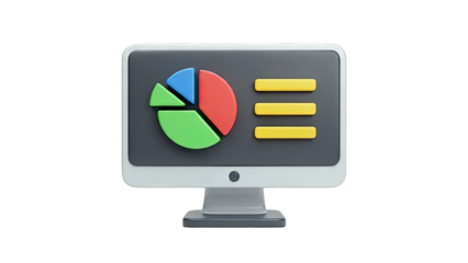 3D Computer Screen with Pie Chart and Bar Graph