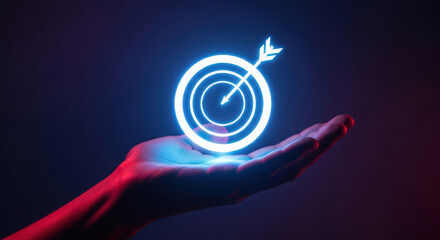 Goal achieved concept. Achievement and success. Target in open hand. Aim. Accurate shot and center of dartboard. Perfect strategy and planning.