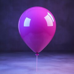 single glossy pink and purple balloon tethered by a thin string to a small knot, floating above a softly lit floor against a dark textured backdrop, serene and solitary mood