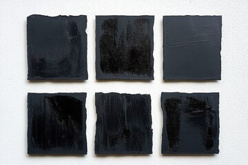 six rough-edged black painted squares arranged in a two-row grid on a white textured canvas conveying an austere, contemplative minimalist mood