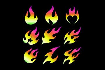 Flame fire gradient abstract icon set. Burning fire dynamic curve icon bundle. Set of fire, burn, star, energy, arrow abstract decorative pack. Futuristic inspired modern symbol vector collection