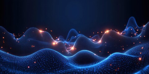 undulating blue digital mesh and glowing orange sparks forming a futuristic energetic data landscape against a dark electric background