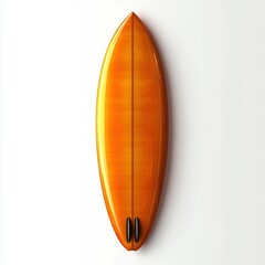 glossy orange surfboard with twin black fins on a clean white background, sleek and vibrant summer vibe