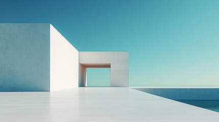 Minimal white concrete building with rectangular archway, expansive polished terrace and calm water pool under a clear blue sky, evoking serene tranquility