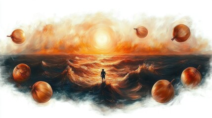 Solitary silhouette walking into a turbulent orange sea toward a glowing sun at dusk, surrounded by floating onions in a surreal, contemplative, dreamlike seascape