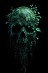Eerie Pixelated Skull Overtaken by Verdant Overgrowth in Deep Teal and Emerald Tones Against a Stark Black Void