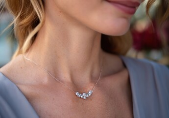 Elegant Diamond Cluster Necklace Adorns Delicate Female Neckline With Soft Lighting And A Hint Of floral Bokeh Background