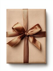 Elegant Gift Box with Shimmering Bronze Ribbon Tied in a Bow on a White Background