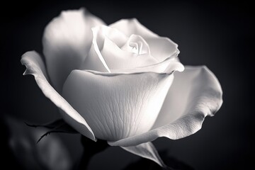close-up black and white image of a single rose bloom with delicate textured petals, blurred background and soft lighting conveying serenity and elegant purity