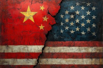 Cracked juxtaposed red flag with yellow stars and blue field with white stars and red stripes split by deep fissure, conveying tension and division